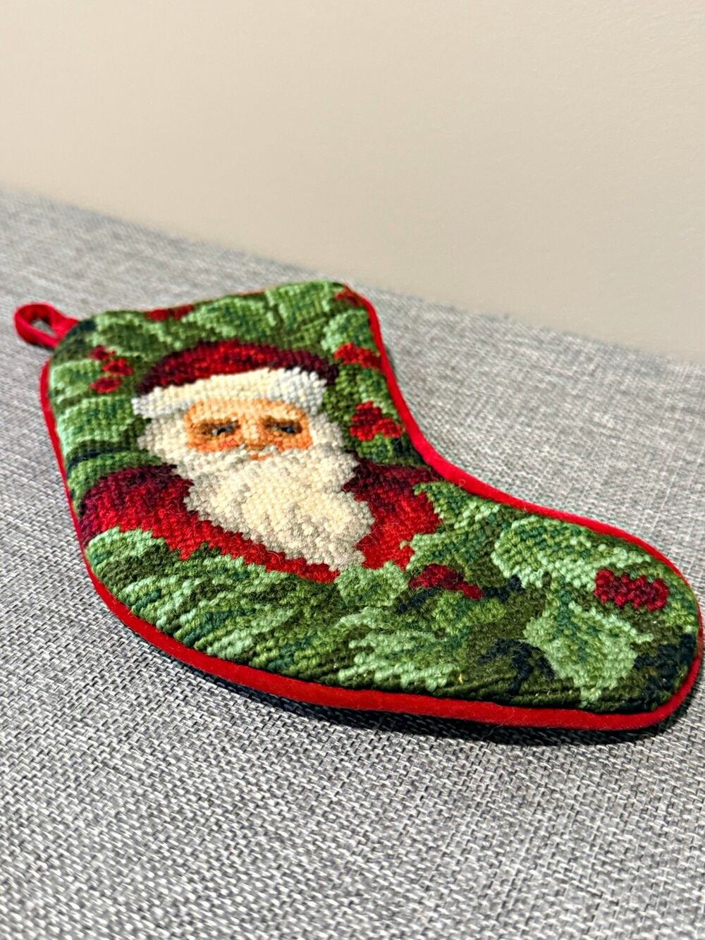 Needlepoint Santa Claus Christmas Stocking Green Red White w/ Hanging Loop 11x9